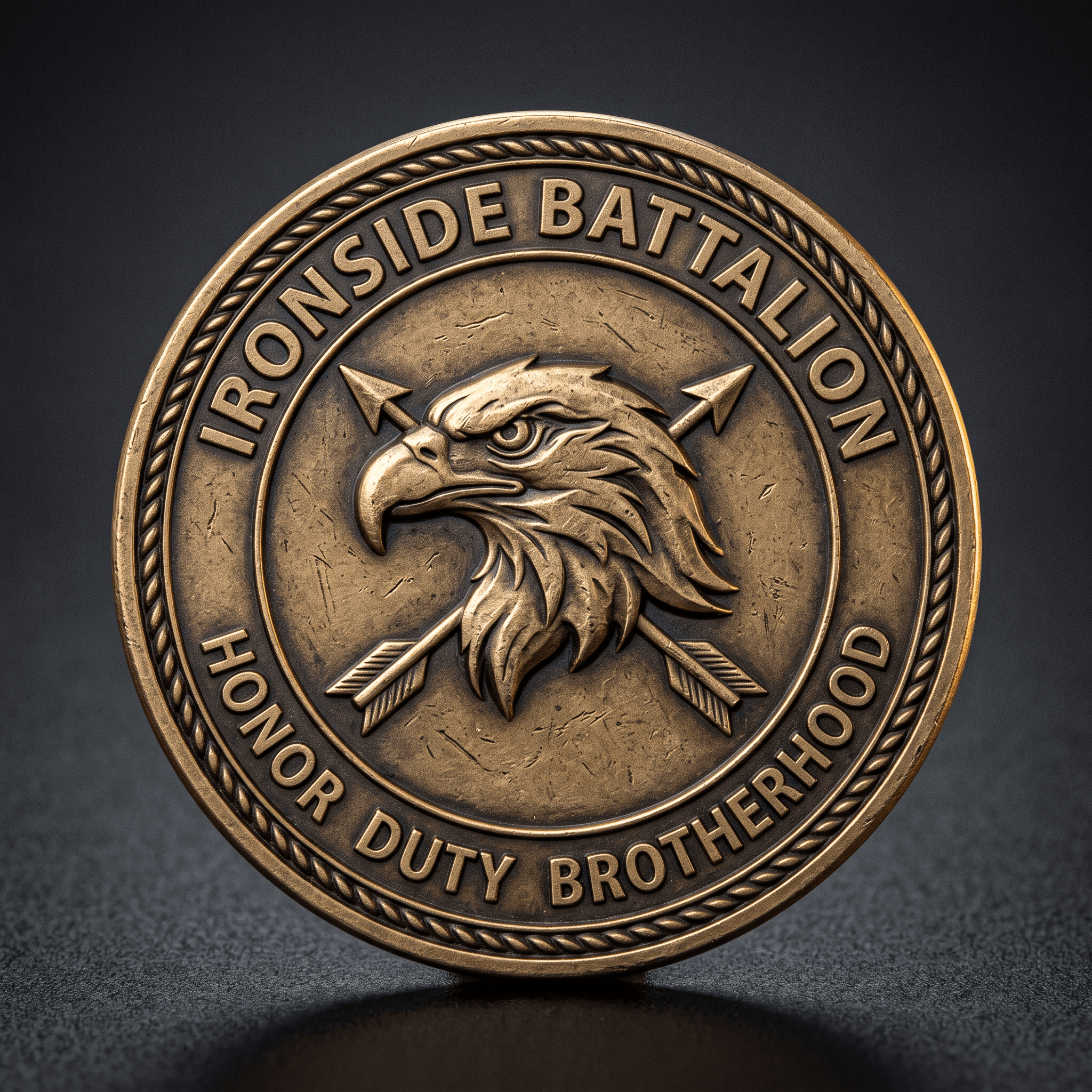 Antique bronze unit challenge coin with an eagle in high 3D relief and a rope-milled rim