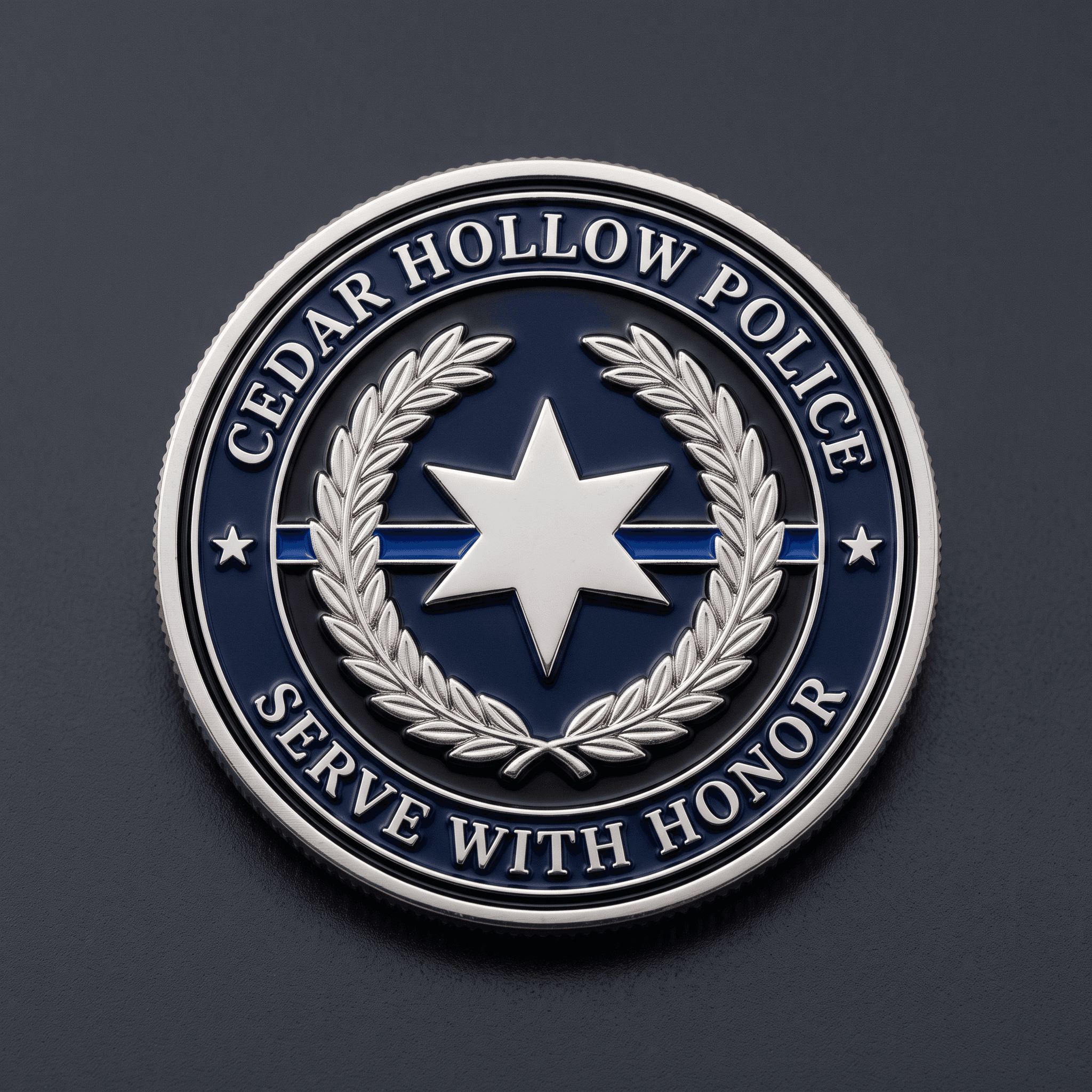 Nickel-silver law enforcement challenge coin with navy hard enamel and a star emblem